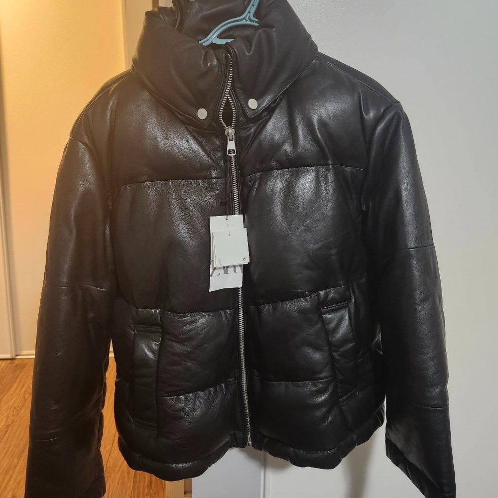NWT Zara Leather Puffer Coat